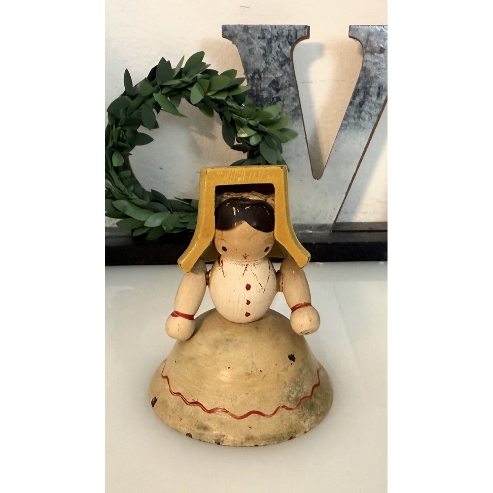 Vintage Antique Swiss Milk‎ Maid Girl Bell Wood Hand Painted Metal Bottom 2.5"
